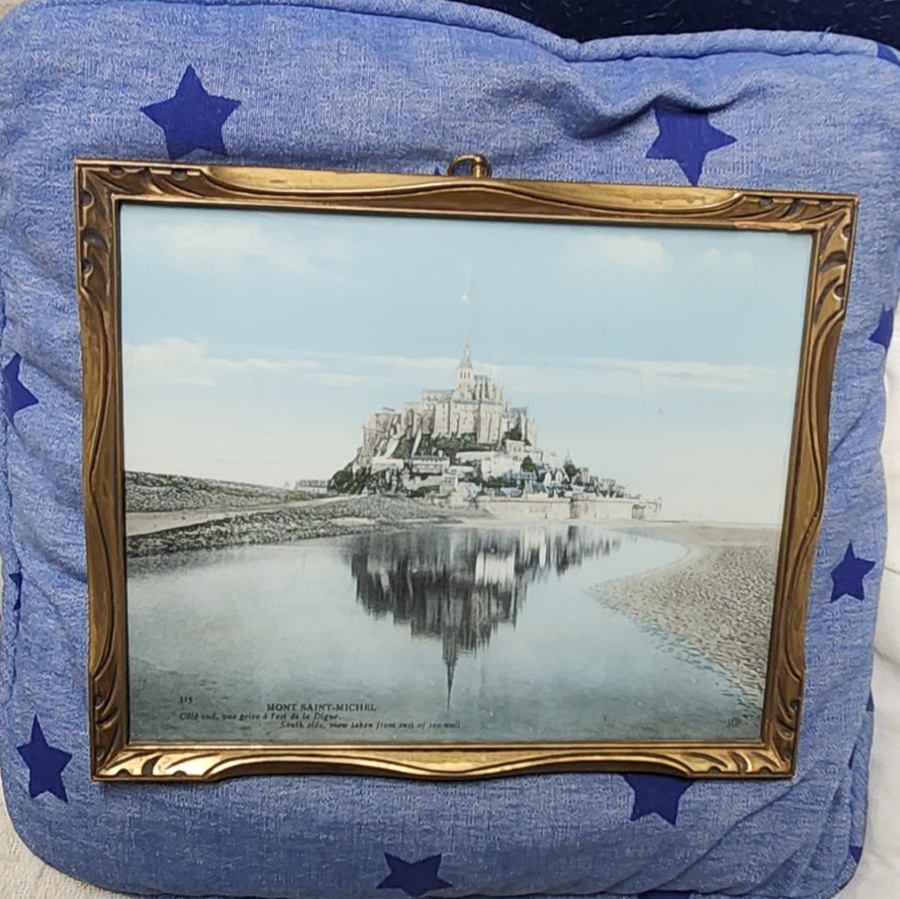 Vtg photo print Mont Saint Michel gold wood frame